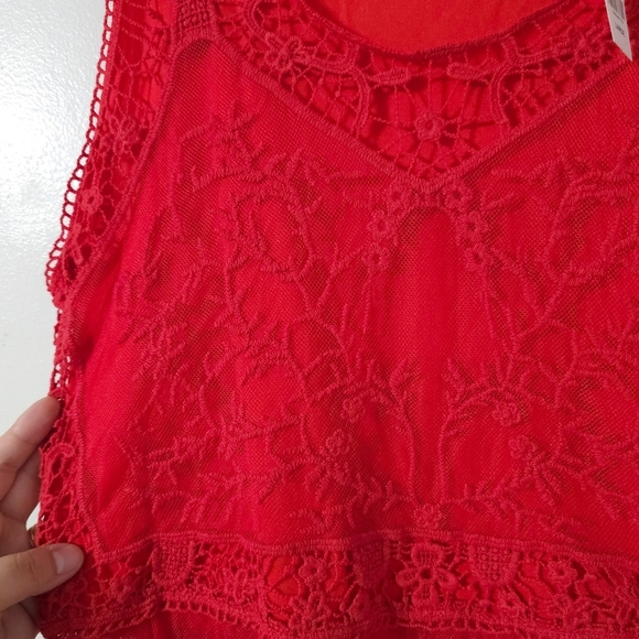 NEW YORK & COMPANY Nwt Lace-Mesh Sleeveless Tiered Tunic Top, Red, L - Picture 7 of 16